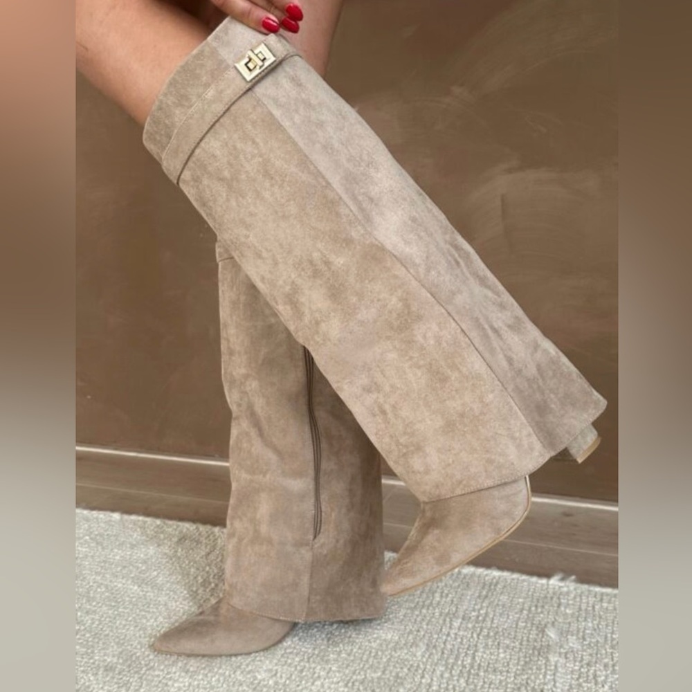 Taupe Suede Knee-High Pointed Toe Boots